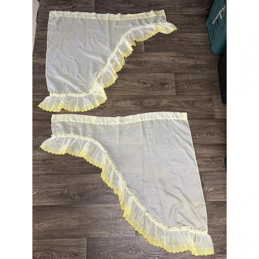 Yellow Ruffled Sheer Window Curtains‎ Set Valances Swags Embroidered Country